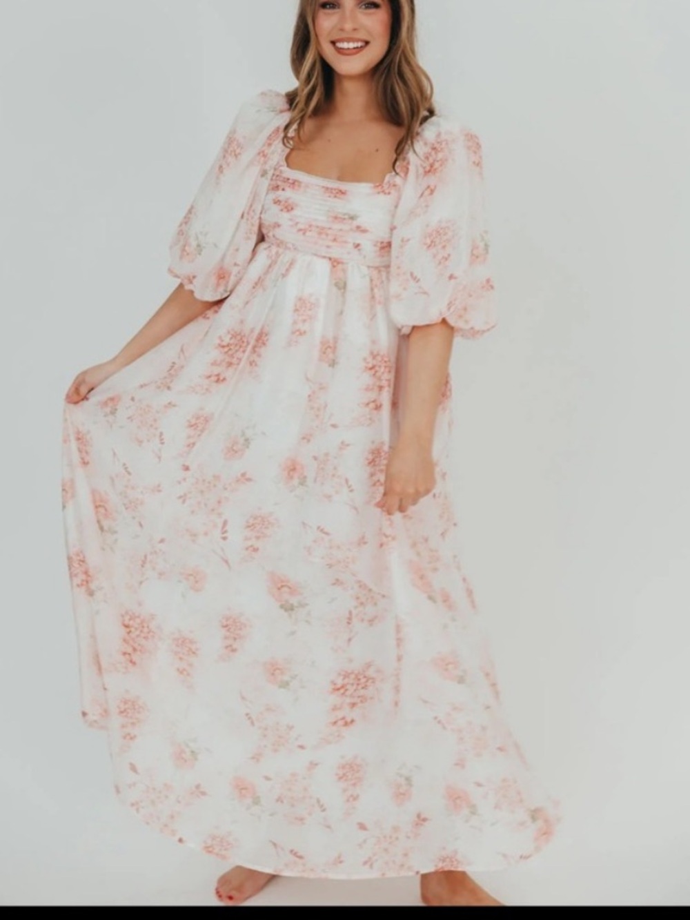 Worth Collective Melody Maxi Dress With Pleats and Bow Detail in Pink Toile